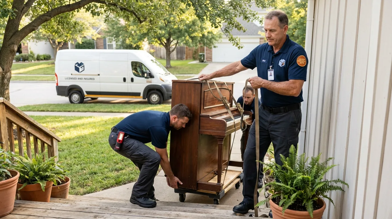 Licensed piano movers securing grand piano in Cuba, NY