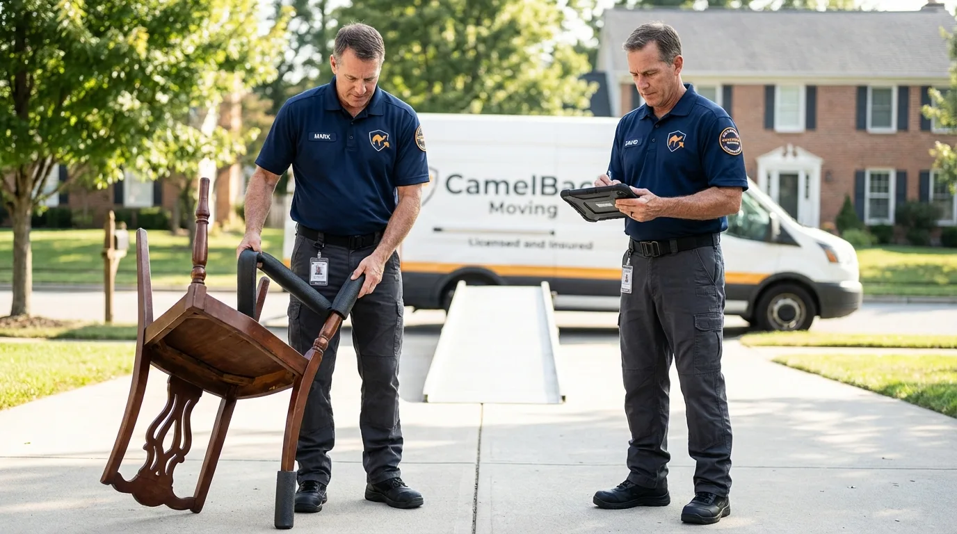 Movers inspecting furniture for damage prevention before loading in Cuba, NY