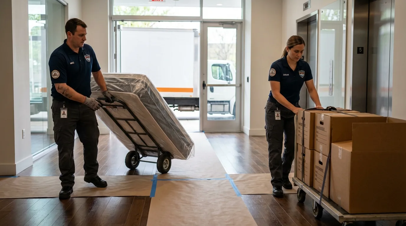 Professional apartment movers loading elevator in Cuba, NY