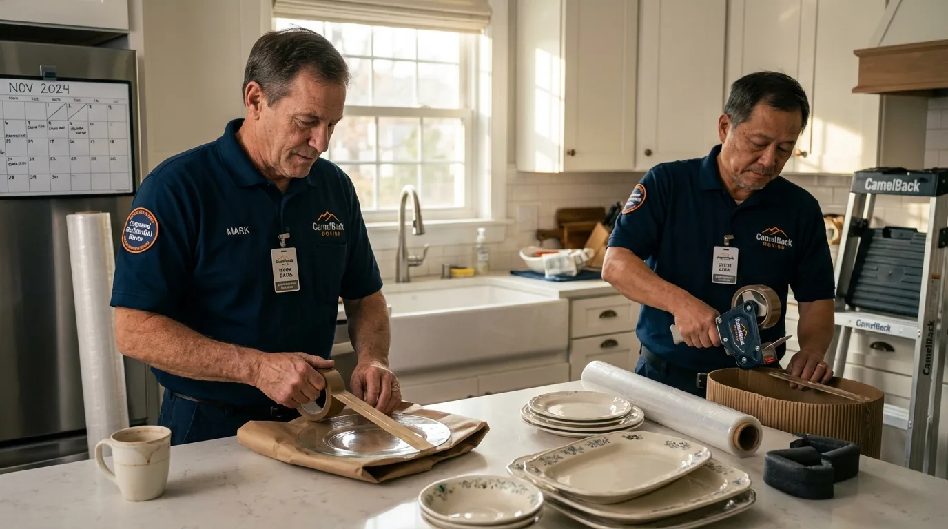 Professional crew packing kitchen dishware in Cuba, NY